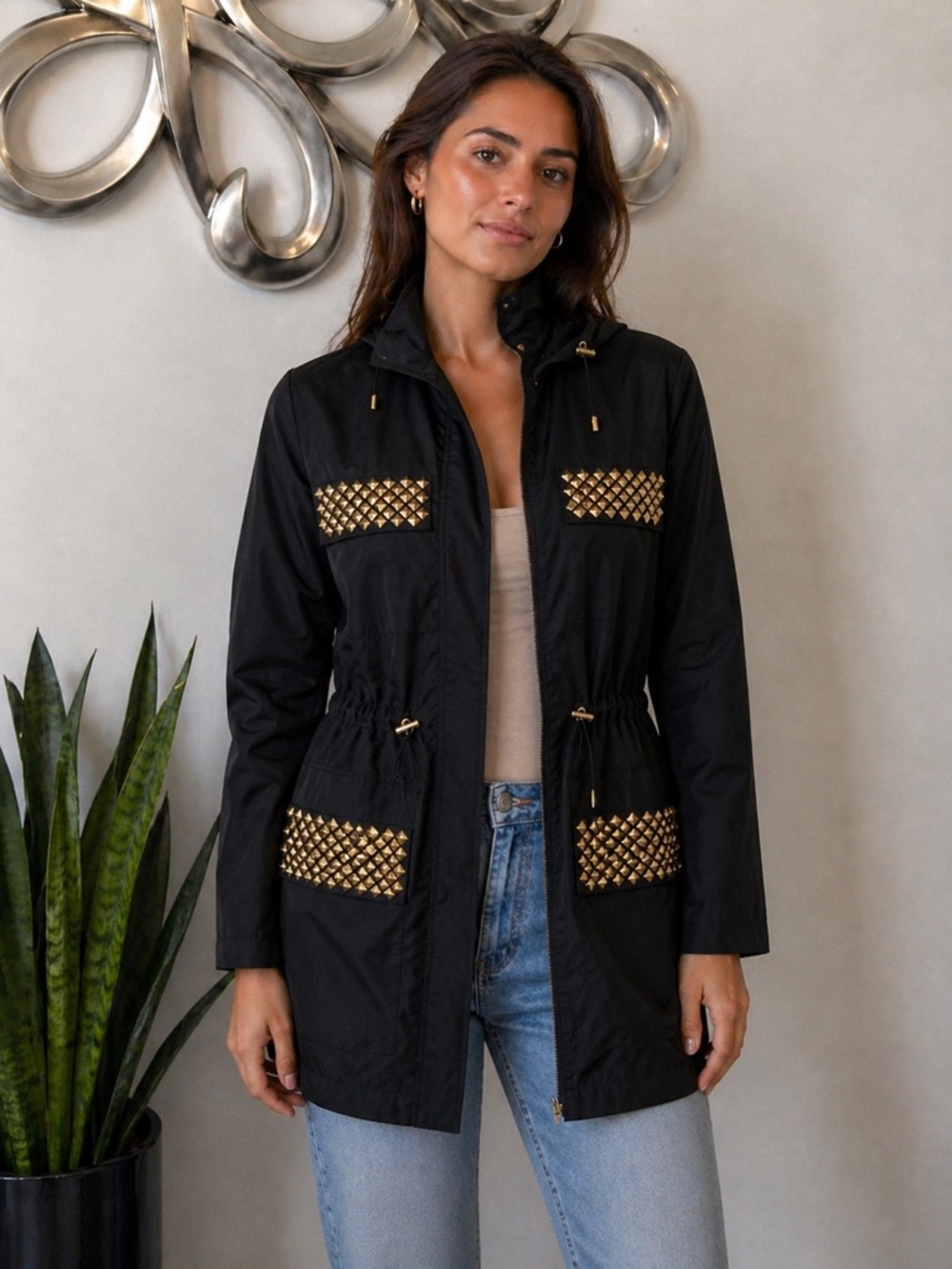 New Without Tags Michael Kors Black Gold Studded Long Raincoat | XS Extra Small